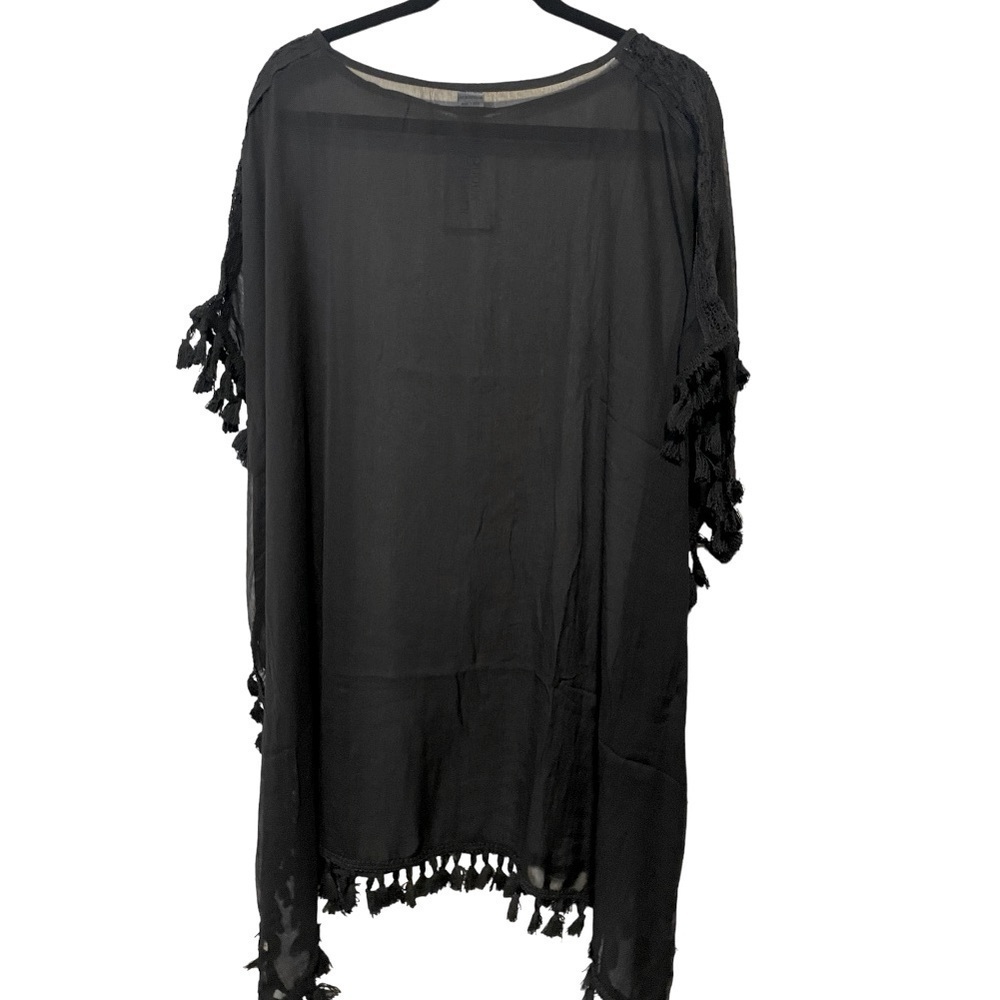 Bijoux Terner Black Swim Cover Poncho With Tassels One Size Fits All - Picture 3 of 7